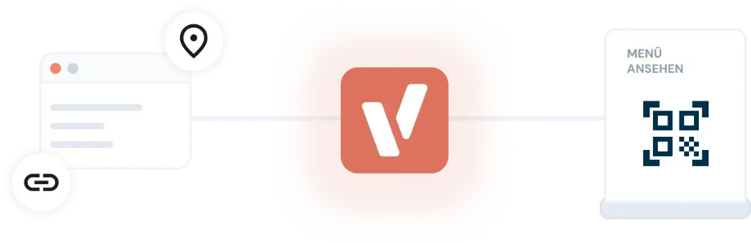 Eine Illustration, die in der Mitte das Servely-Logo zeigt. Es ist links verbunden mit einer Illustration einer Website und rechts mit einem Tischaufsteller, auf dem der QR-Code zu sehen ist.