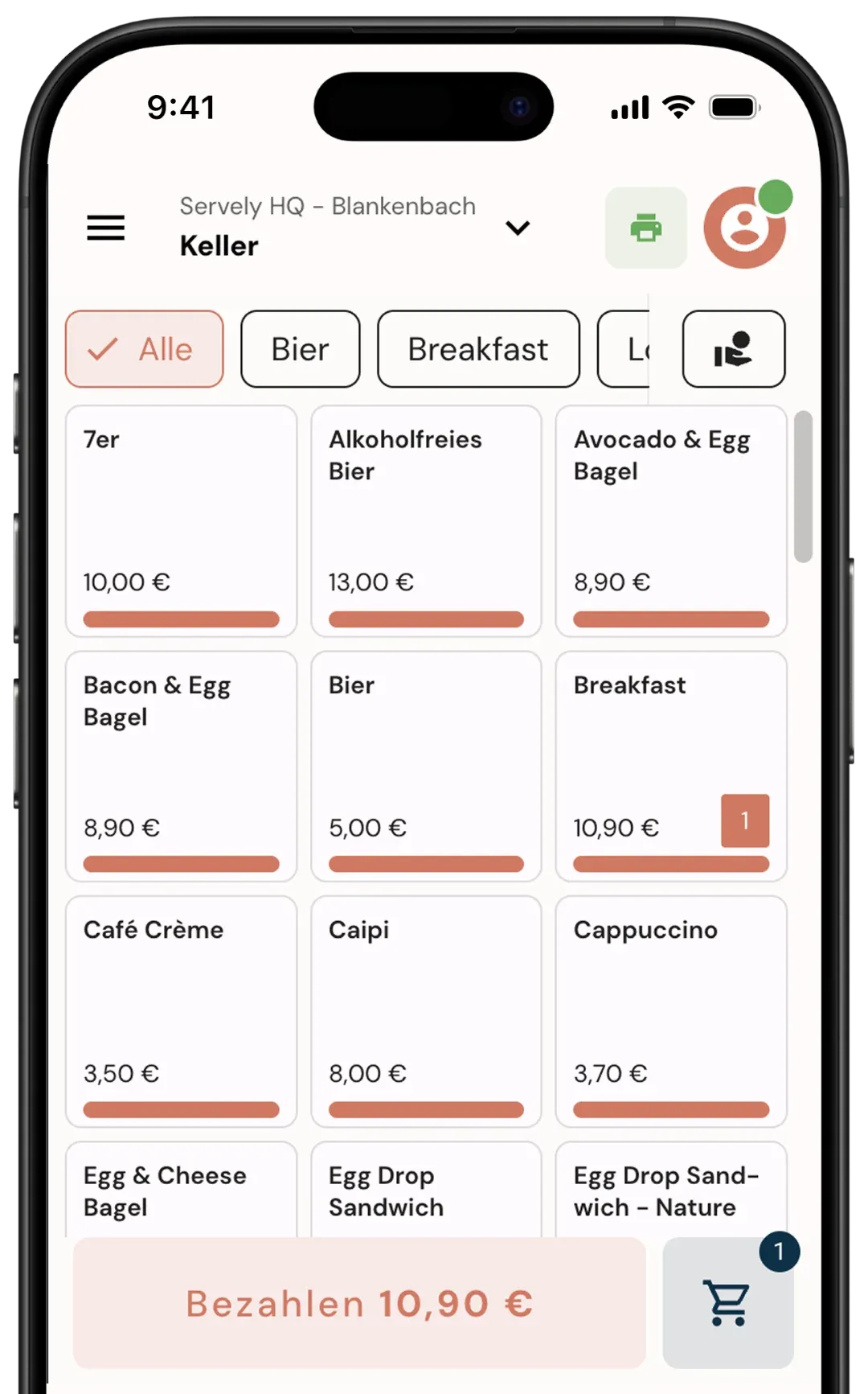 Eine Vorschau eines Smartphones, auf dem eine mobile Version des Servely Kassensystems zu sehen ist.