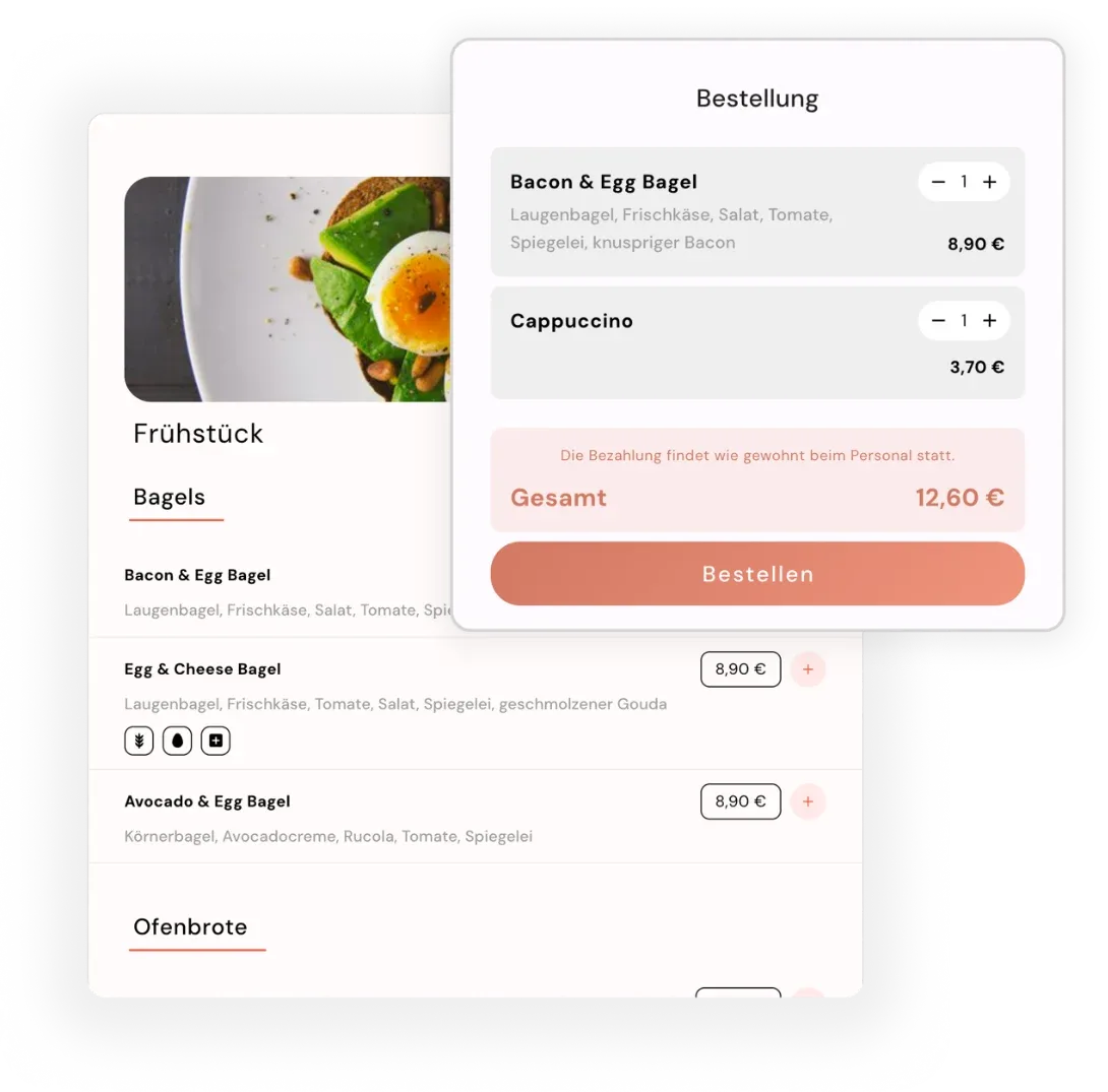 Eine Vorschau der digitalen Speisekarte mit einem Warenkorb, der zeigt, wie man Bestellungen abgeben kann.